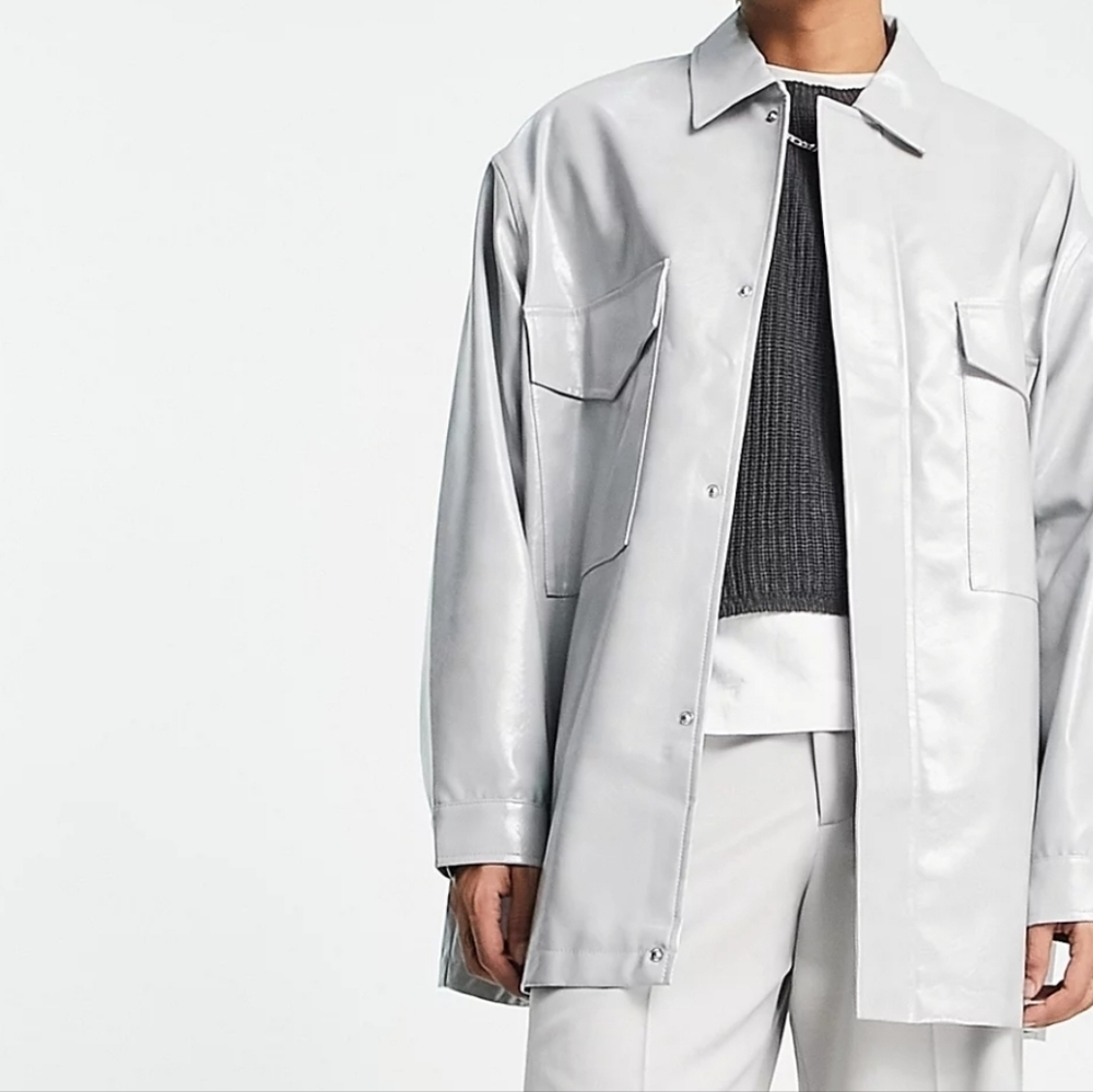 NEW MENS ASOS DESIGN ICY GRAY FAUX LEATHER CROC OVERSIZED SHACKET SIZE MEDIUM - Picture 2 of 15